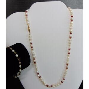 Fresh Water Pearl Necklace Bracelet Set Red Garnet Bead 18" 7" 24k Gold F Clasp